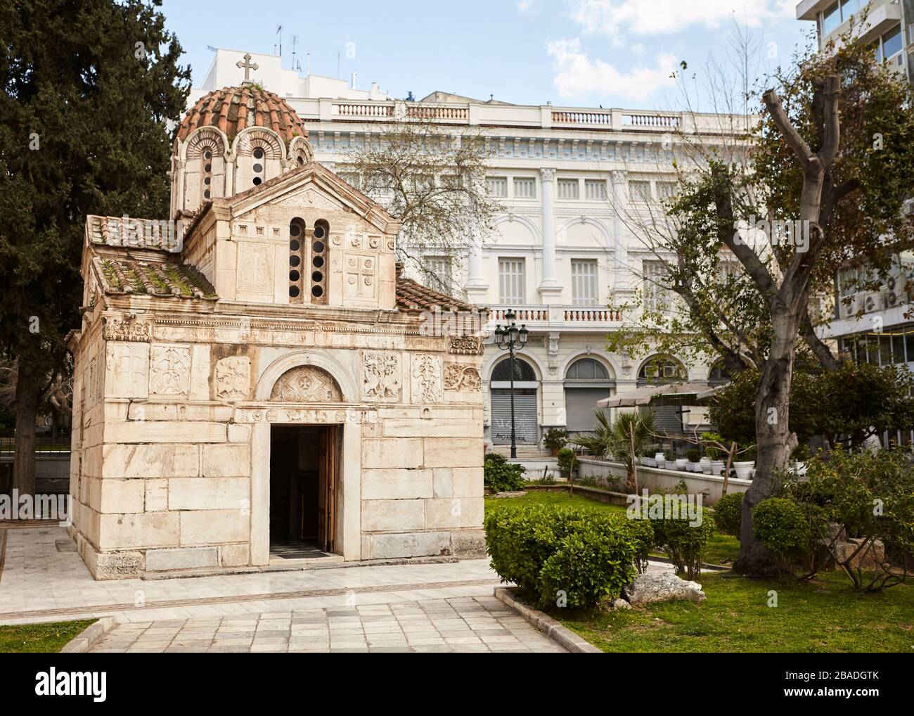 Chiesa di Agios Eleftherios o piccola metropoli, Atene, Attica, Grecia, punto di riferimento tranquillo coronavirus Foto Stock