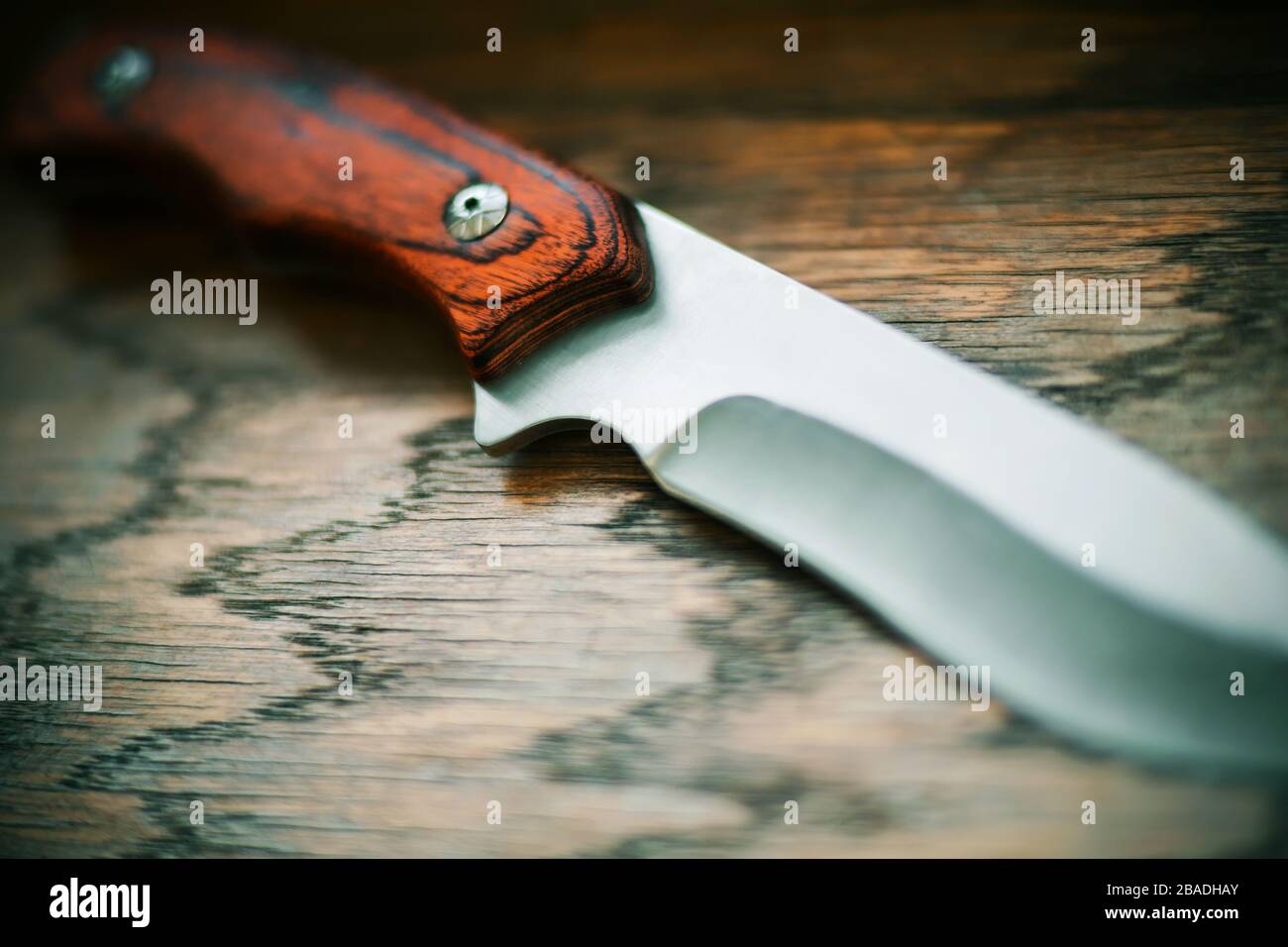 Un coltello affilato in acciaio con manico in legno si trova su un tavolo in legno, illuminato dalla luce. Foto Stock