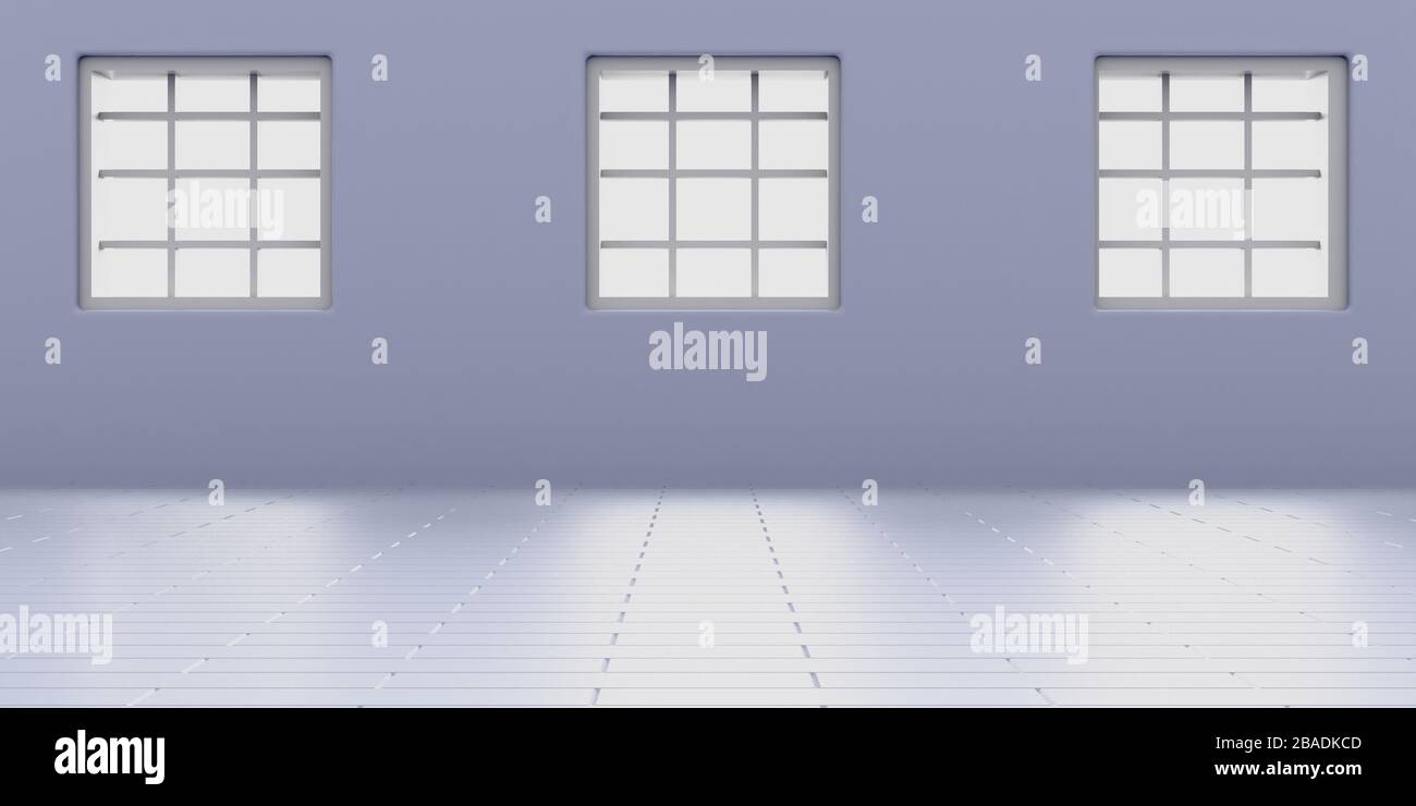 Camera vuota con finestre su pareti blu e pavimento piastrellato. Interno loft mock up, casa o ufficio spazio vuoto modello. illustrazione 3d Foto Stock