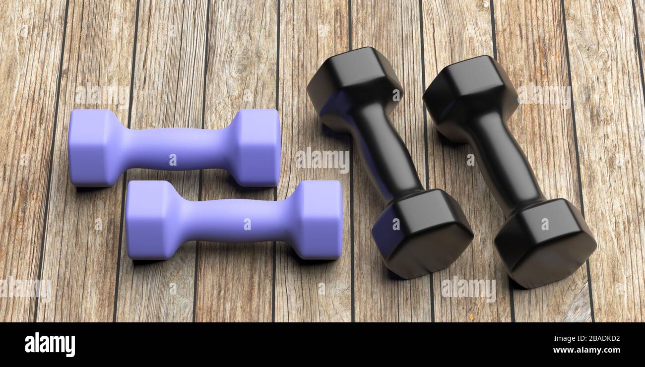 Manubri fitness, attrezzature da palestra. Due paia di pesi blu e neri su fondo pavimento in legno. Allenamento di concetto a casa. illustrazione 3d Foto Stock