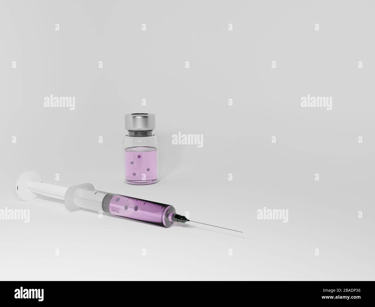 Siringa e flaconcino con liquido rosa o viola e virus all'interno. Vaccino contro il Coronavirus. Rendering 3D. Foto Stock