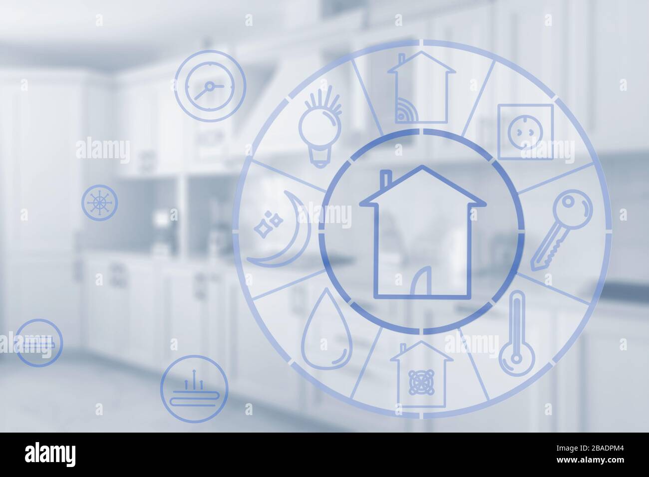 Concetto di tecnologia per la casa intelligente. Display touchscreen della moderna unità di controllo della casa. Design eccezionale per sistemi di automazione domestica wireless. Eff. Opaco Foto Stock