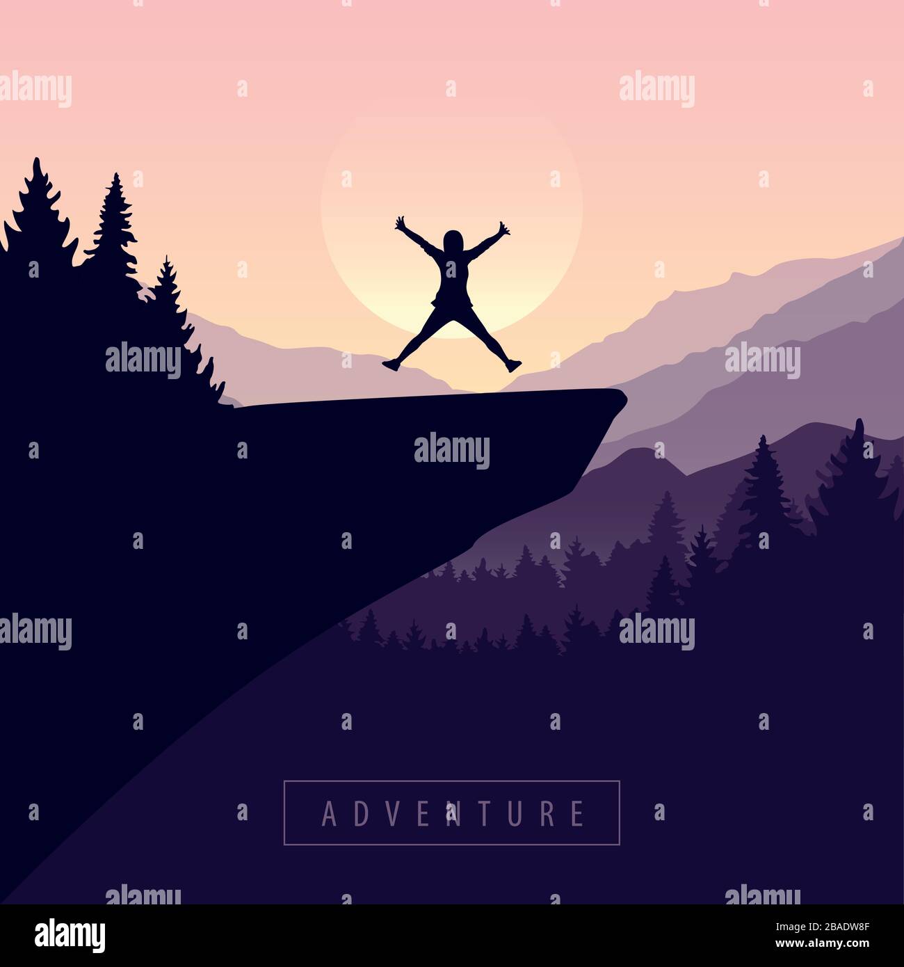 Happy jumping girl una scogliera avventura in natura con vista viola montagna vettore illustrazione EPS10 Illustrazione Vettoriale
