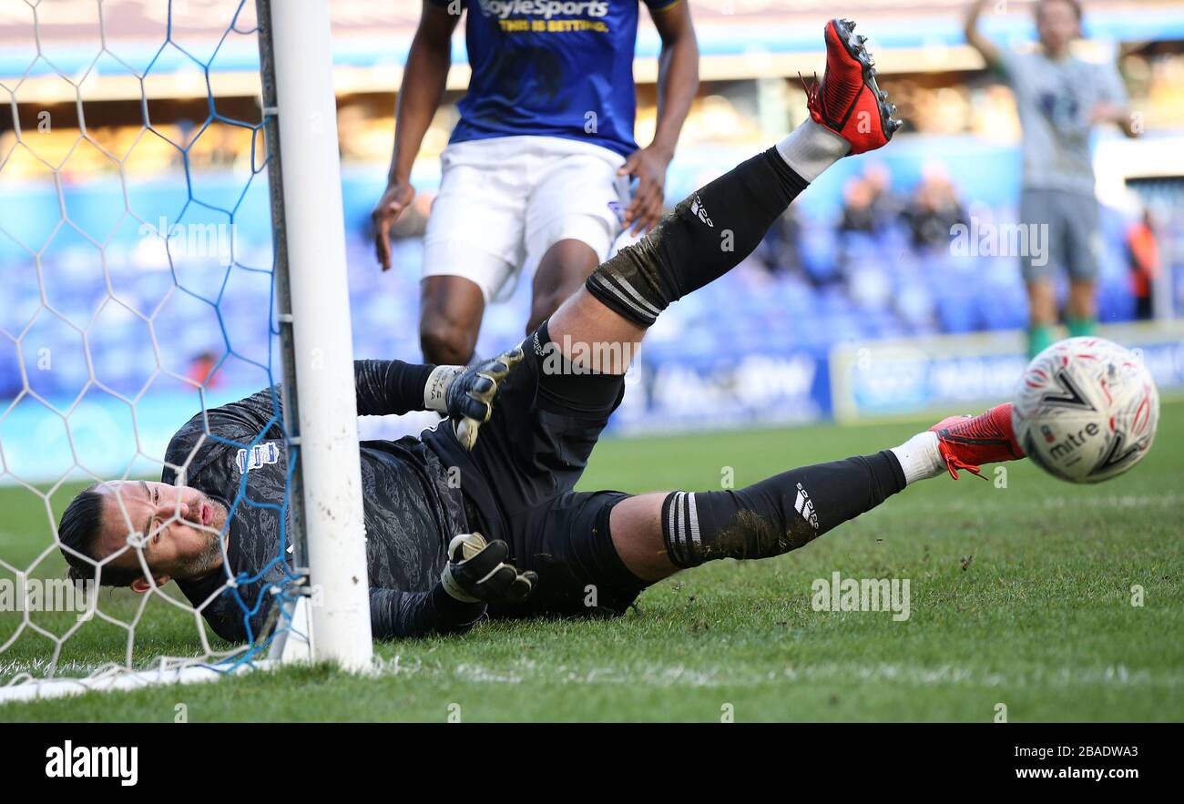 Il portiere di Birmingham, Lee Camp, si sfreccia giù per eliminare un colpo di fila contro Blackburn Rovers durante la partita di fa Cup Third Round al St Andrew's Trillion Trophy Stadium Foto Stock