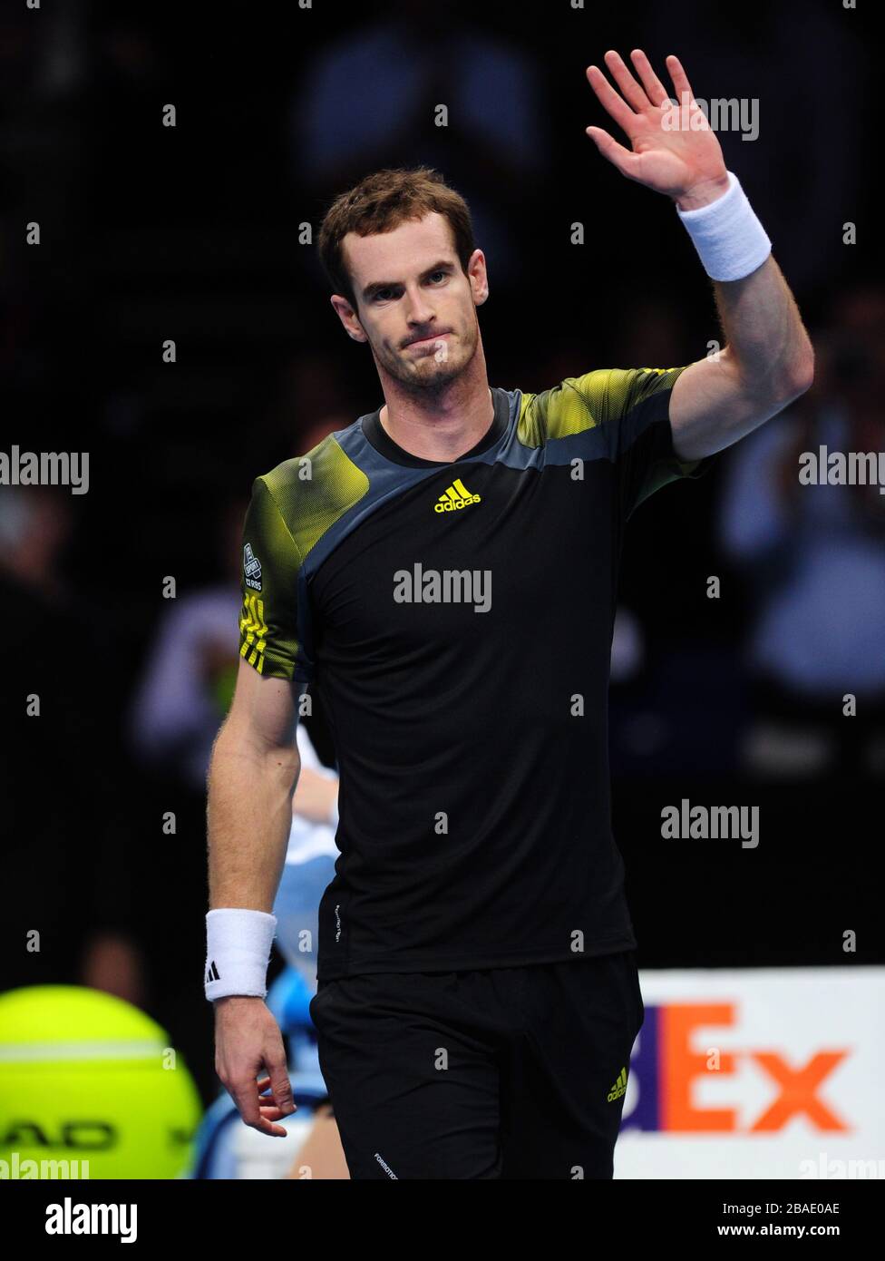 Andy Murray della Gran Bretagna celebra la sconfitta di Jo Wilfried Tsonga in Francia Foto Stock