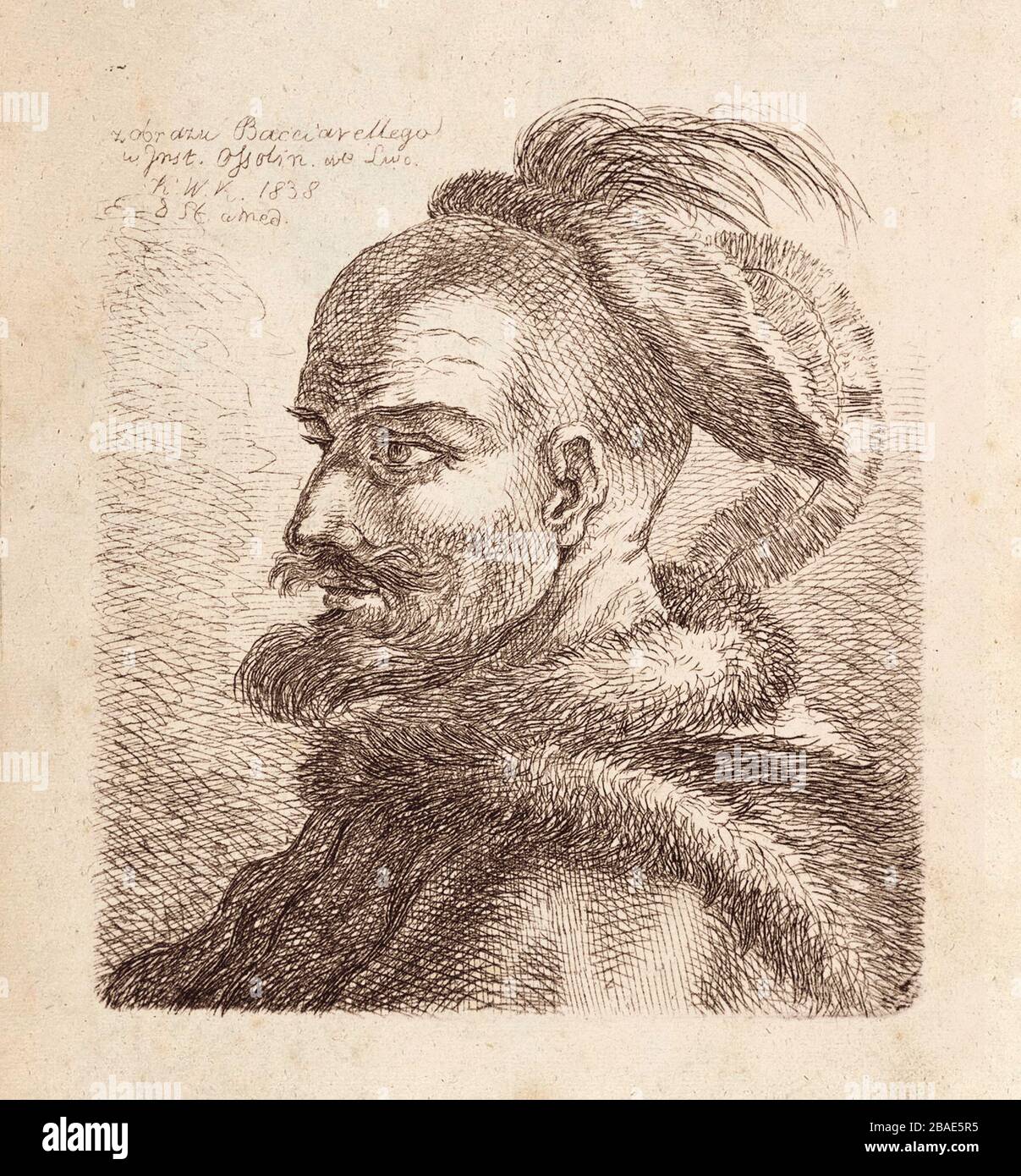 Ritratto di un cosacco in un cappello con piume. 1838. Di Kajetan Kielisiński (1808-1849) Foto Stock