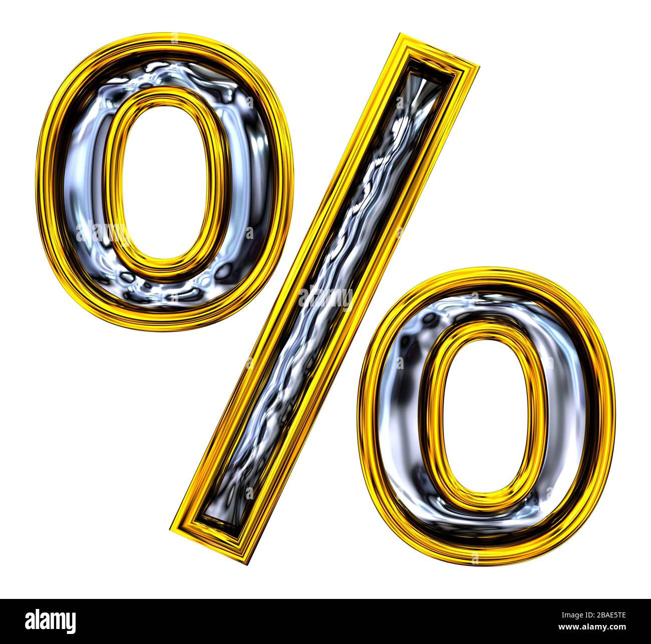 Rendering 3D. Simbolo percentuale. Luce in acciaio goffrato. Rendering ABC ad alta risoluzione nitido. Font stile numero porta originale. Oro rimmed. Isolato su bianco Foto Stock