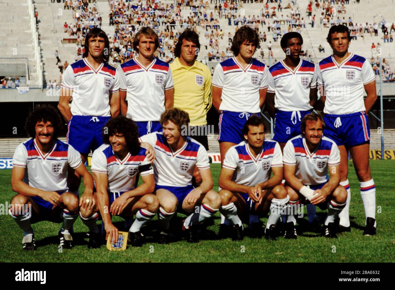 Gruppo Inghilterra (sinistra-destra); back row: Dave Watson, Phil Thompson, Ray Clemence, Glenn Hoddle, viv Anderson, Trevor Brooking; prima fila: Terry McDermott, Kevin Keegan, Tony Woodcock, Ray Wilkins, Mick Mills Foto Stock