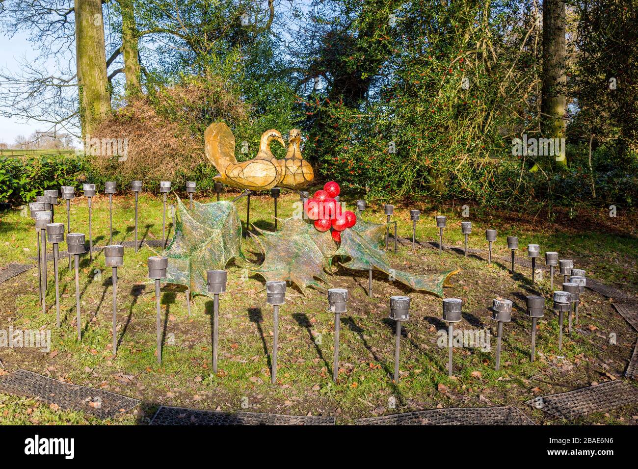 Un'opera d'arte invernale "Two Turtle Doves" nei terreni della Stourhead House come parte delle loro attrazioni natalizie, Wiltshire, Inghilterra, Regno Unito Foto Stock