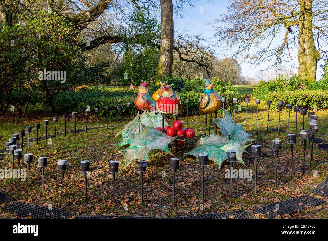 Un'opera d'arte invernale "Four Calling Birds" nei terreni della Stourhead House come parte delle loro attrazioni natalizie, Wiltshire, Inghilterra, Regno Unito Foto Stock