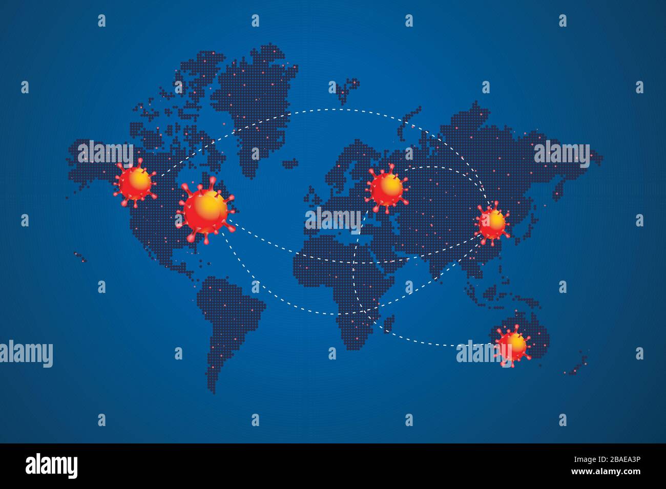 Covid-19 pandemia sulla mappa globale. La diffusione del virus corona pandemico in tutto il mondo, concetto, con presentazione virus e parola mappa Illustrazione Vettoriale