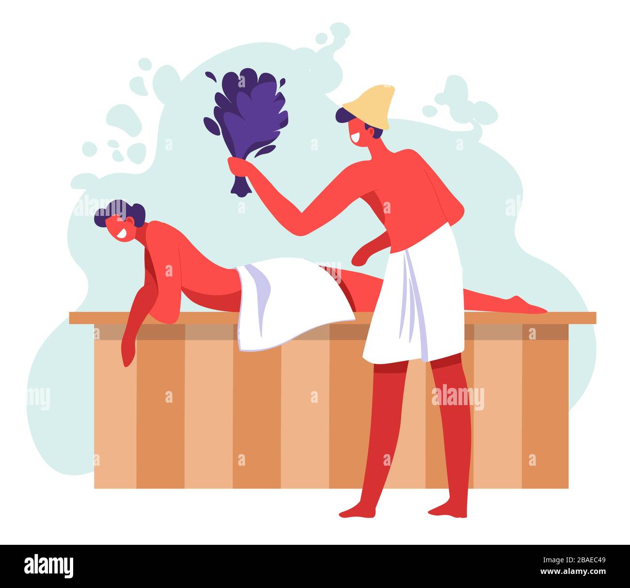 Procedure di sauna, coppia rilassante nel centro termale o nella vasca da bagno Illustrazione Vettoriale