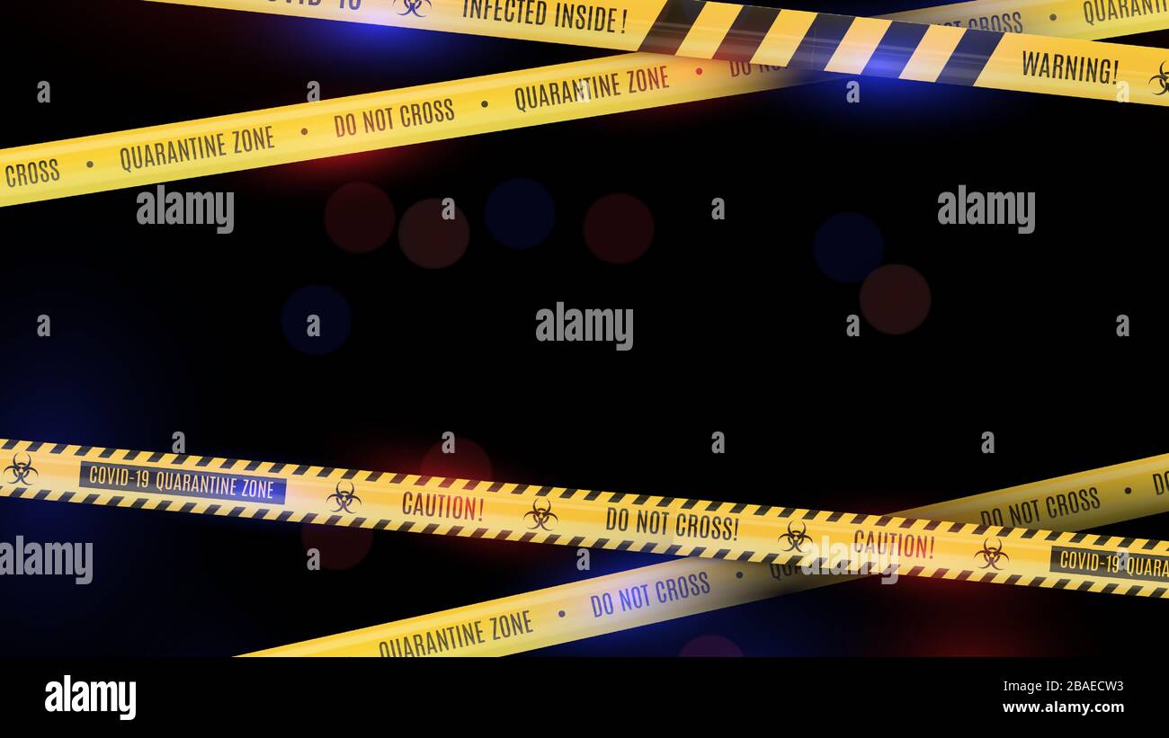 Sfondo mistico bokeh con nastri poetici a strisce gialle nastri di avvertimento sui pericoli di coronavirus e quarantena. Illustrazione Vettoriale