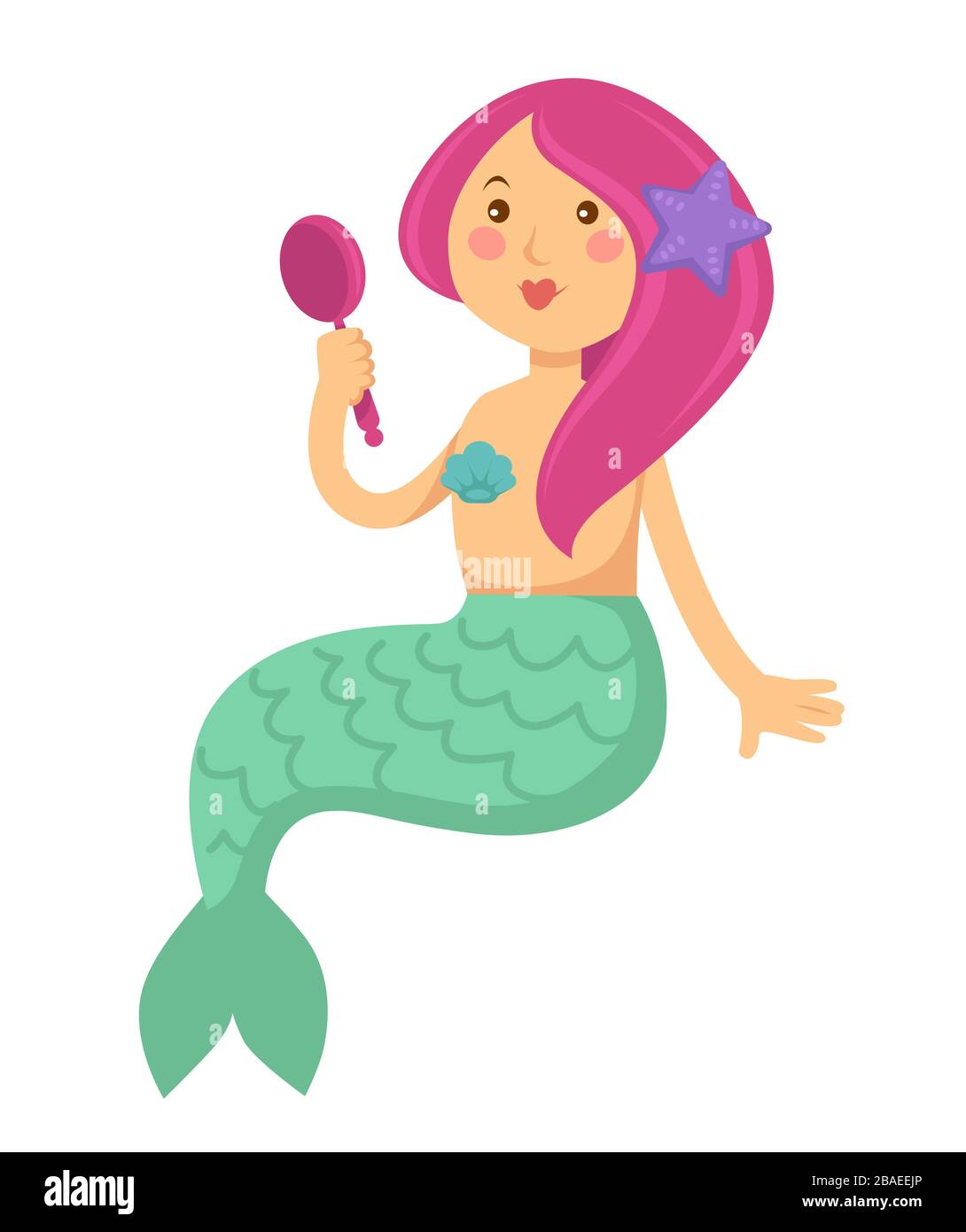 Personaggio Mermaid cartoon con capelli rossi che guardano in specchio Illustrazione Vettoriale