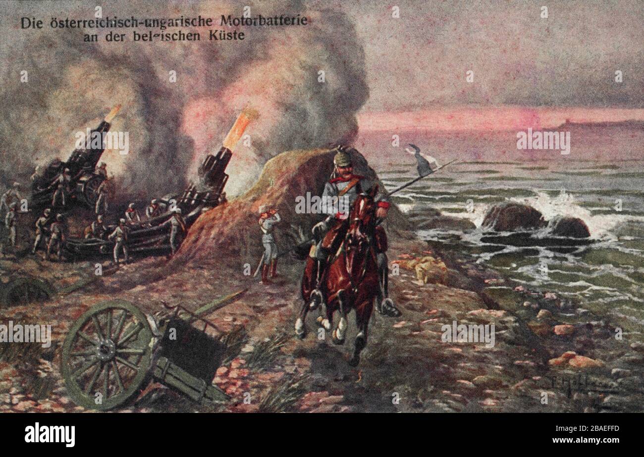 Il primo periodo della guerra mondiale. Le batterie di artiglieria motorizzata austro-ungarica sulla costa belga. Foto Stock