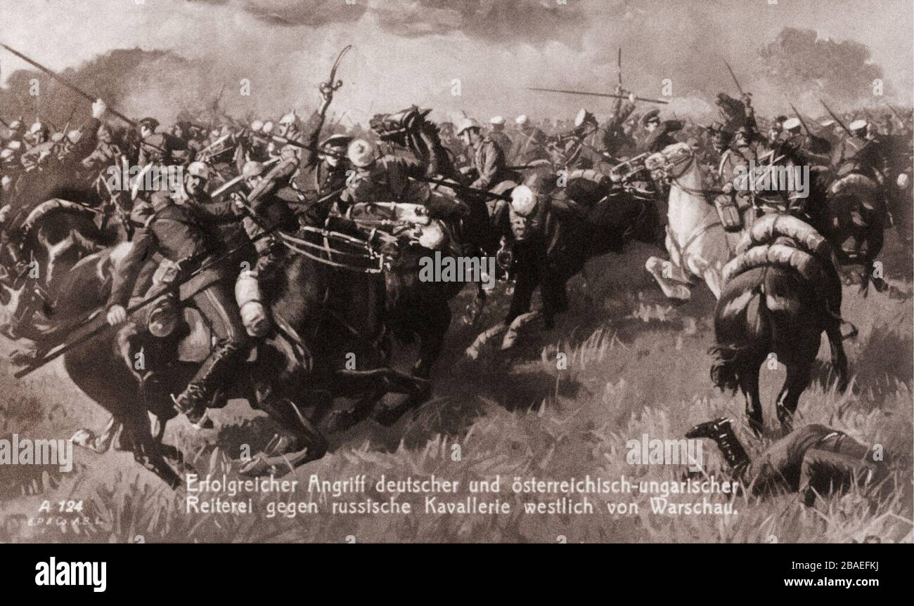 La prima guerra mondiale. Attacco riuscito della cavalleria tedesca e austro-ungarica contro la cavalleria russa ad ovest di Varsavia. Foto Stock