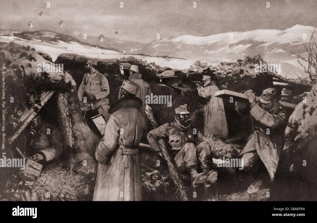 Il primo periodo della guerra mondiale. Posto di osservazione dell'artiglieria nei Carpazi. Foto Stock