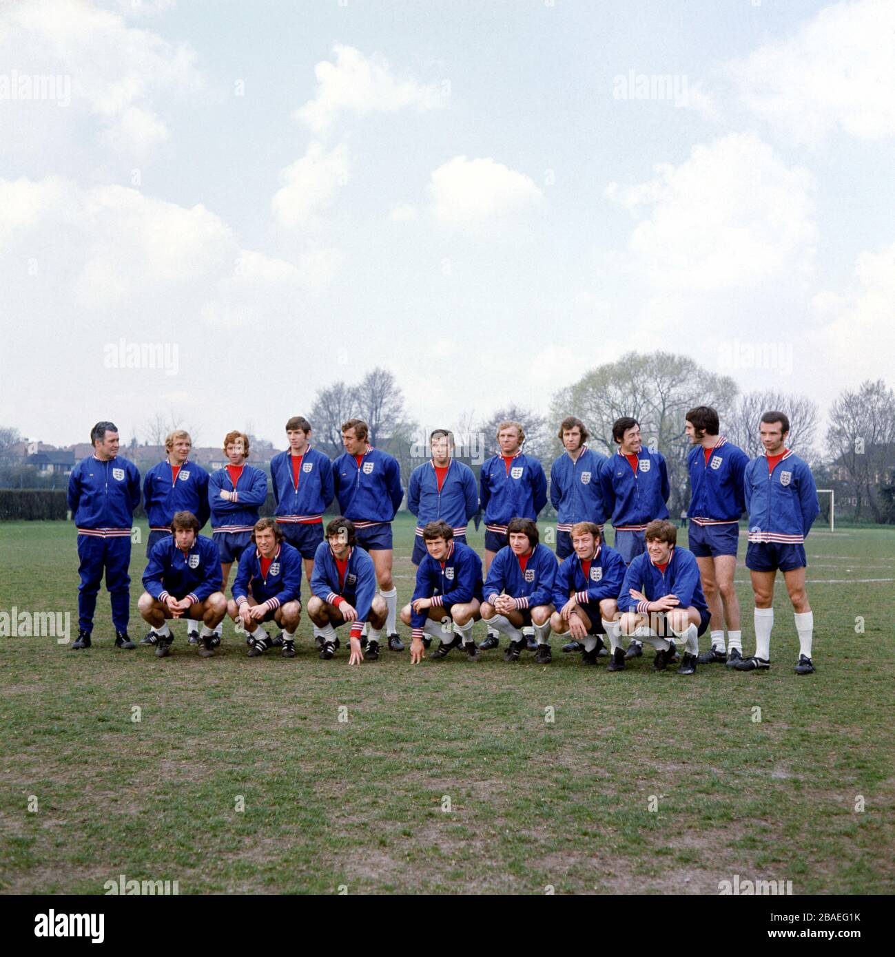 Inghilterra gruppo di team: (Back row, l-r) Harold Shepherdson, Francis Lee, Alan Ball, Martin Peters, Martin Chivers, Alan Multery, Bobby Moore, Peter Osgood, Gordon Banks, Larry Lloyd, Paul Reaney (prima fila, l-r) Geoff Hurst, Bob McNab, Peter Story, John Hollins, Roy McFarland, Ralph, Emhes Foto Stock