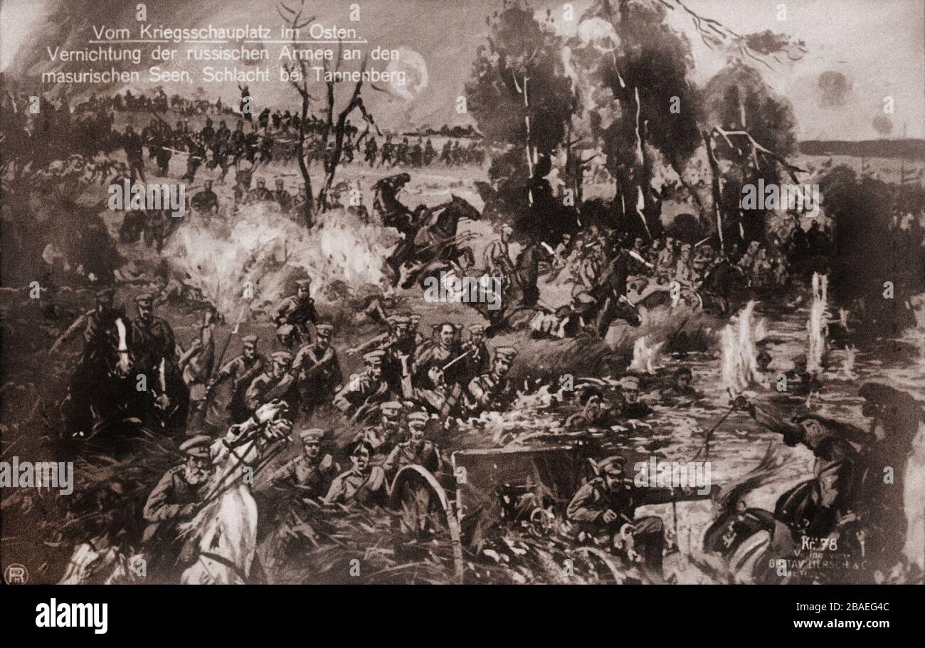 Il primo periodo della guerra mondiale. Fronte orientale. Distruzione dell'esercito russo nei laghi Masuriani, Battaglia di Tannenberg. Cartolina di propaganda tedesca. Foto Stock