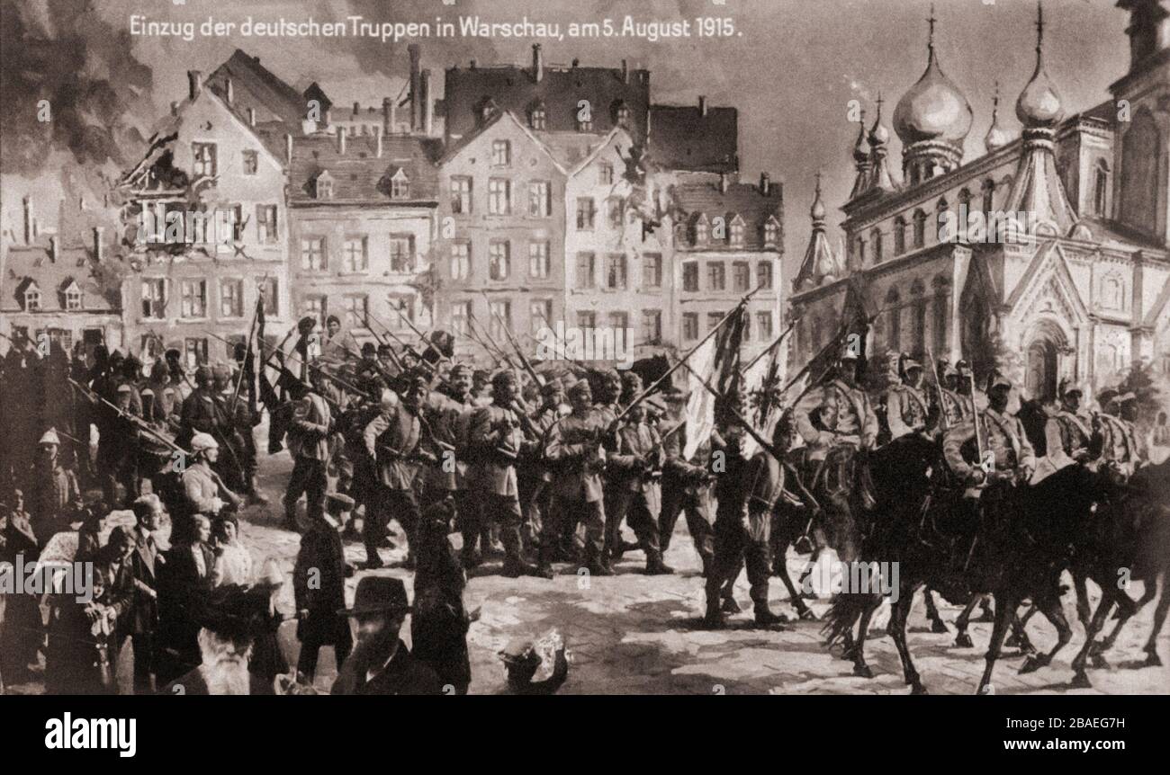 Il primo periodo della guerra mondiale. Entrata delle truppe tedesche a Varsavia, 5 agosto 1915 Foto Stock