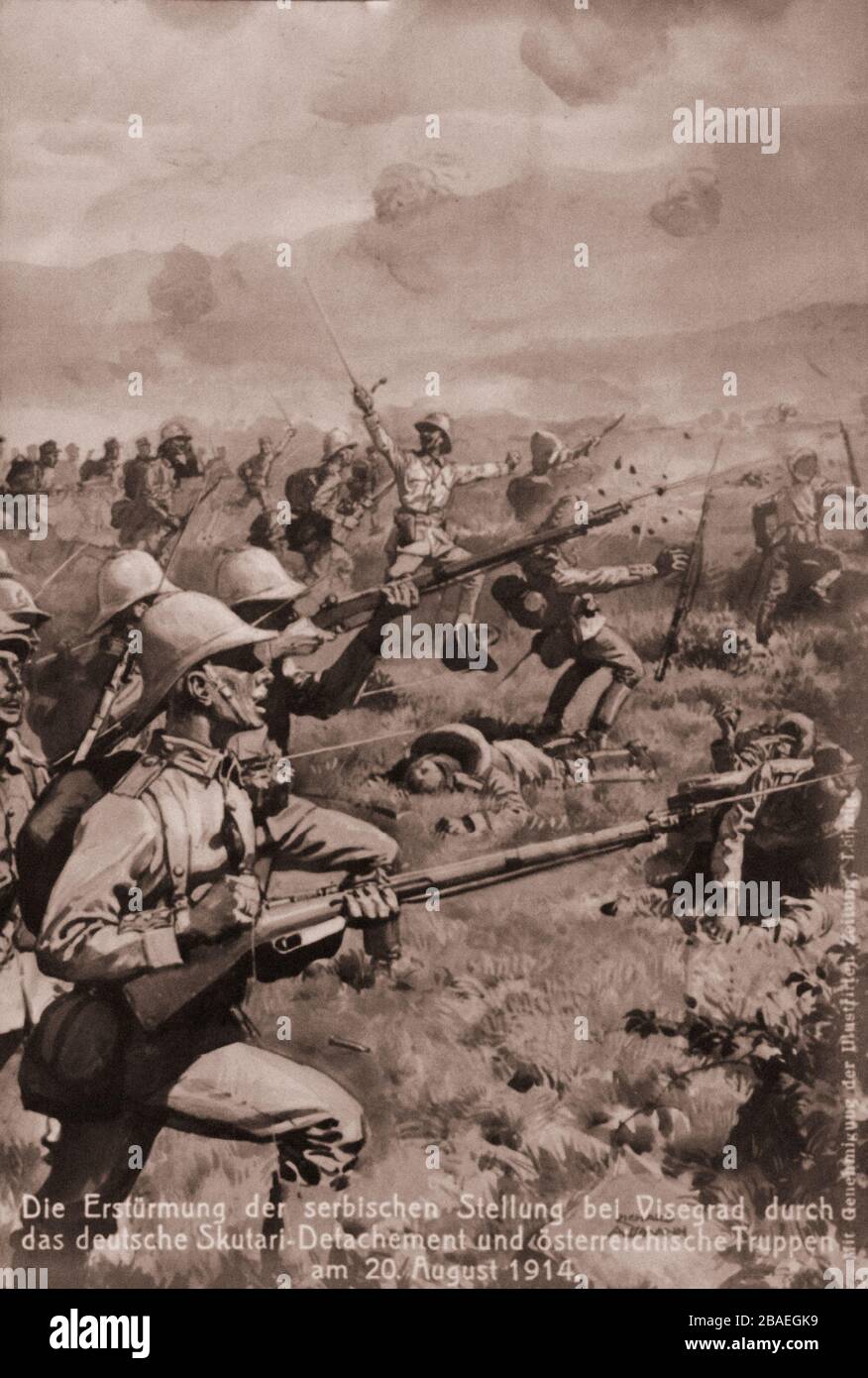 Il primo periodo della guerra mondiale. L'attacco della posizione serba presso Visegrad da parte del distaccamento tedesco Skutari e truppe austriache il 20 agosto 1914. Foto Stock