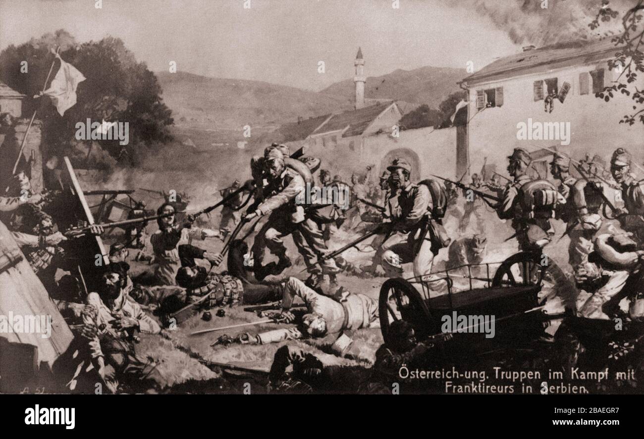 Il primo periodo della guerra mondiale. Truppe Austria-ungheresi in lotta in Serbia. Foto Stock