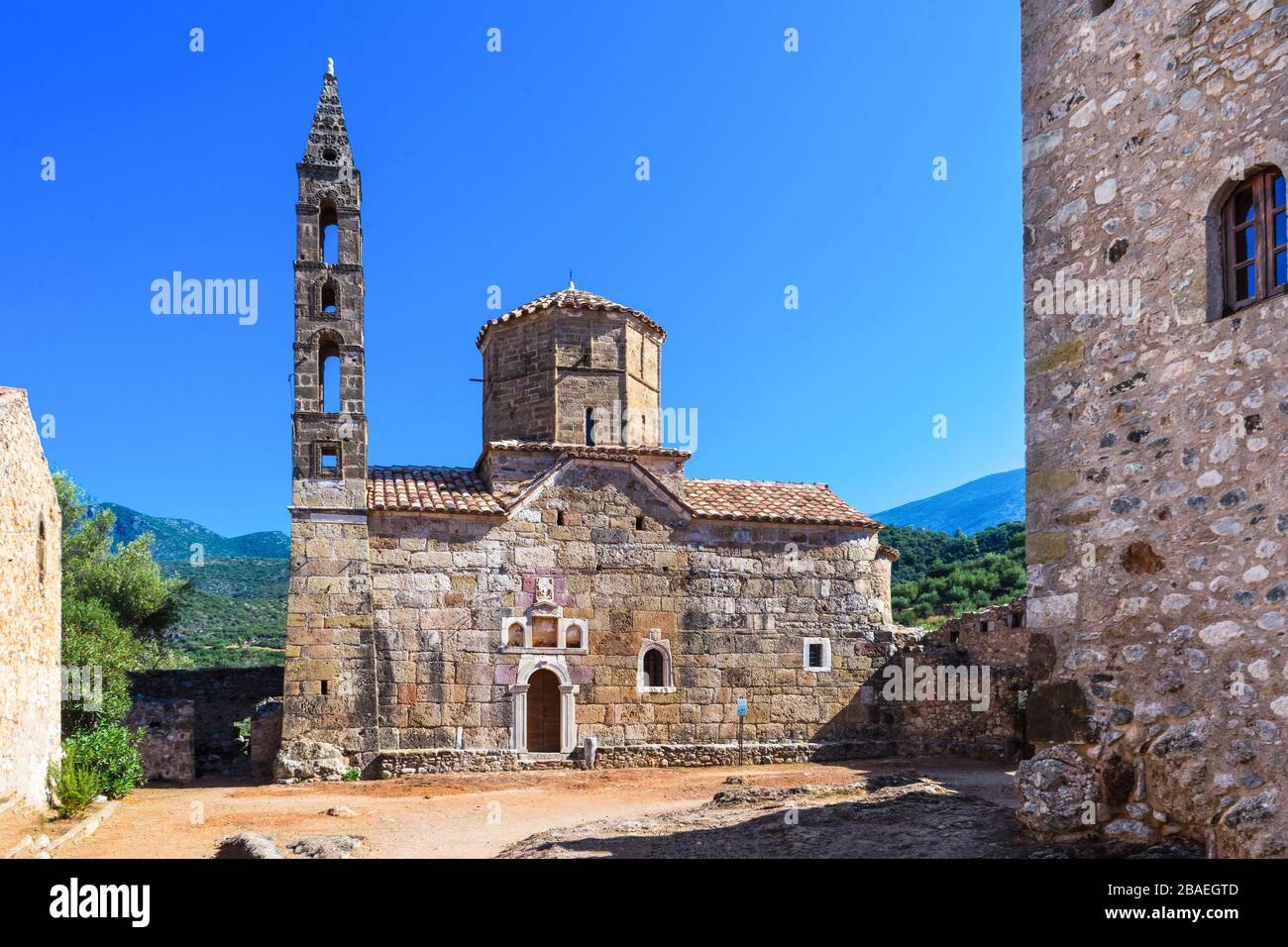 La chiesa di Agios Spyridon, 18th secolo, nel vecchio Kardamyli , Peloponneso, Grecia Foto Stock