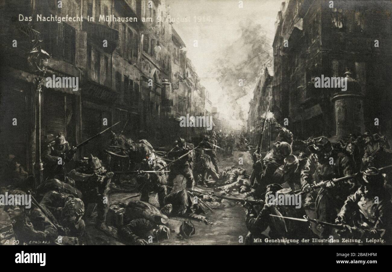 Il primo periodo della guerra mondiale. La battaglia notturna a Muhlhausen il 9 agosto 1914. Foto Stock