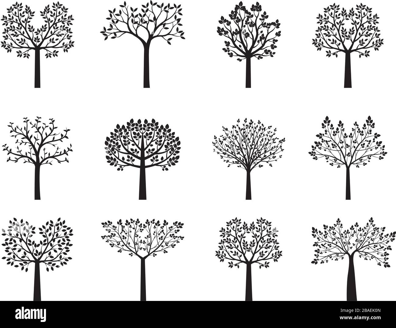 Set di alberi vettoriali neri. Forma di piante. Illustrazione vettoriale. Illustrazione Vettoriale