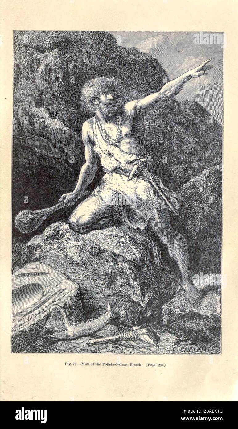 Secondo l'illustratore francese Emile Bayard (1837-1891), illustrazione Artwork pubblicato in Primitive Man da Louis Figuier (1819-1894), pubblicato a Londra da Chapman e Hall 193 Piccadilly nel 1870 Foto Stock