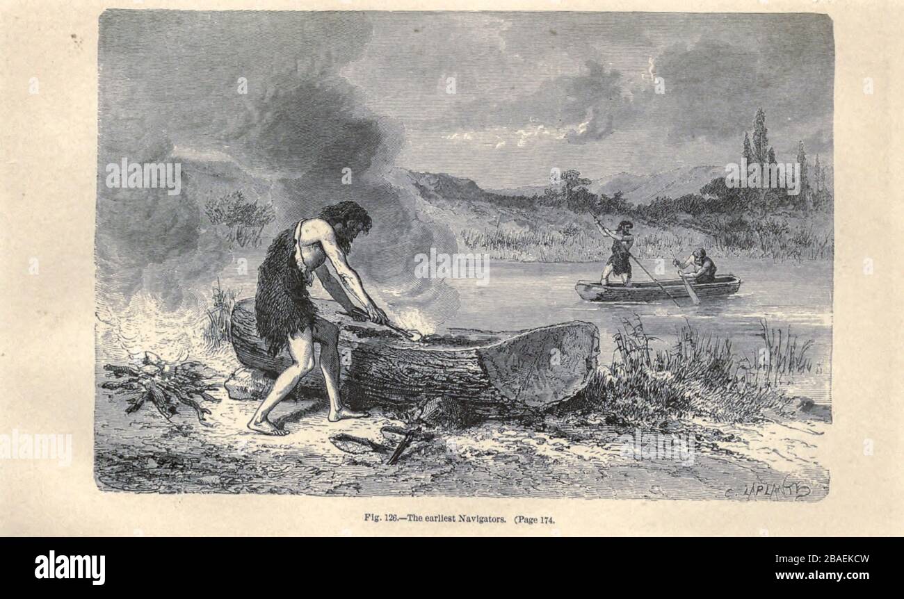 Dugout canoa secondo l'illustratore francese Emile Bayard (1837-1891), illustrazione Artwork pubblicato in Primitive Man di Louis Figuier (1819-1894), pubblicato a Londra da Chapman e Hall 193 Piccadilly nel 1870 Foto Stock