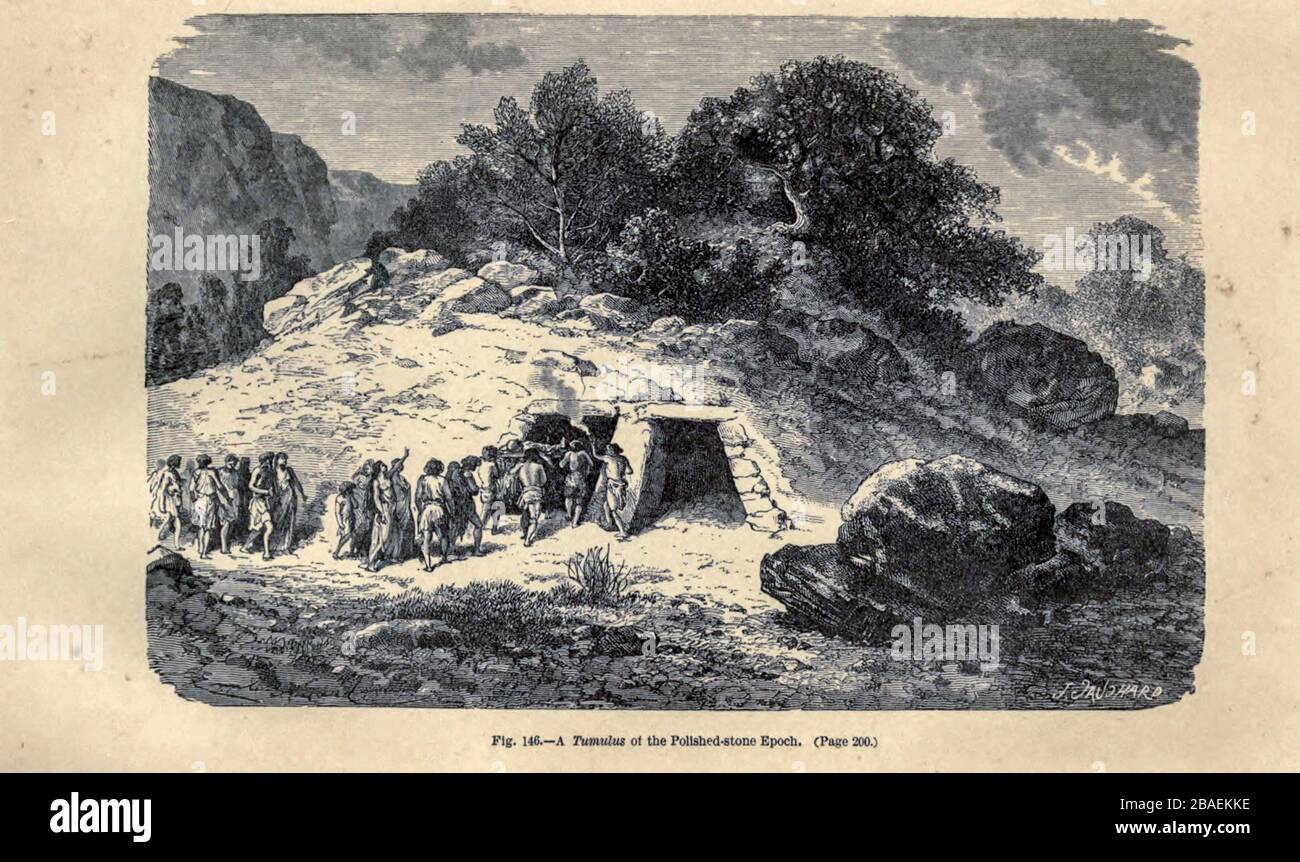 Tumulus secondo l'illustratore francese Emile Bayard (1837-1891), illustrazione Artwork pubblicato in primitive Man da Louis Figuier (1819-1894), pubblicato a Londra da Chapman e Hall 193 Piccadilly nel 1870 Foto Stock
