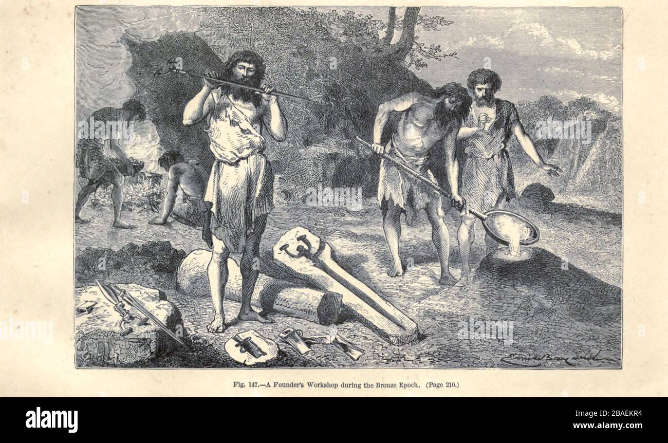 Laboratorio di bronzo secondo l'illustratore francese Emile Bayard (1837-1891), illustrazione Artwork pubblicato in Primitive Man da Louis Figuier (1819-1894), pubblicato a Londra da Chapman e Hall 193 Piccadilly nel 1870 Foto Stock