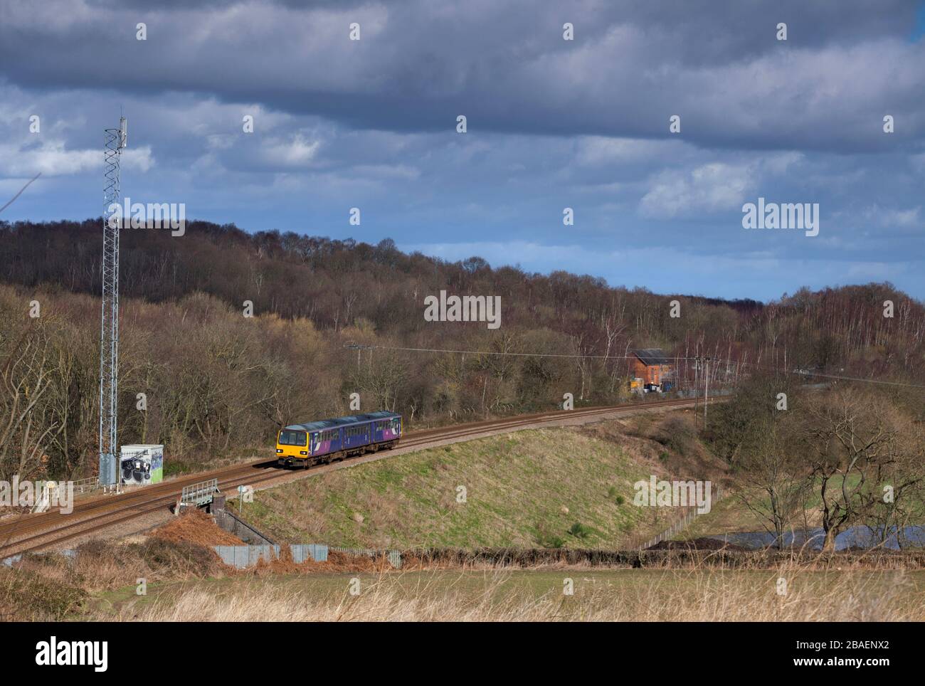 Treno di pacer classe 144 della ferrovia settentrionale 144020 che passa un albero GSM-R a Harley, a sud di Elsecar (South Yorkshire) Foto Stock