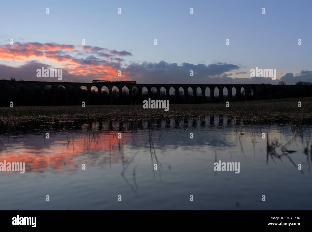 Treni del Nord classe 144 treno pacer che attraversa il viadotto arcuato Penistone rendendo una silhouette al tramonto riflessa in un campo allagato Foto Stock