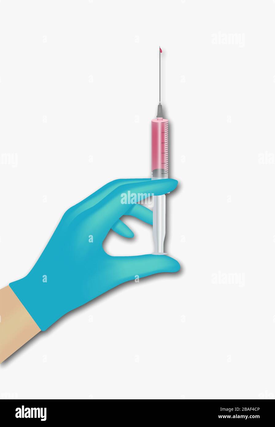 La mano del medico in un guanto contiene una siringa con il medicinale. Illustrazione vettoriale di stock isolato. Illustrazione Vettoriale