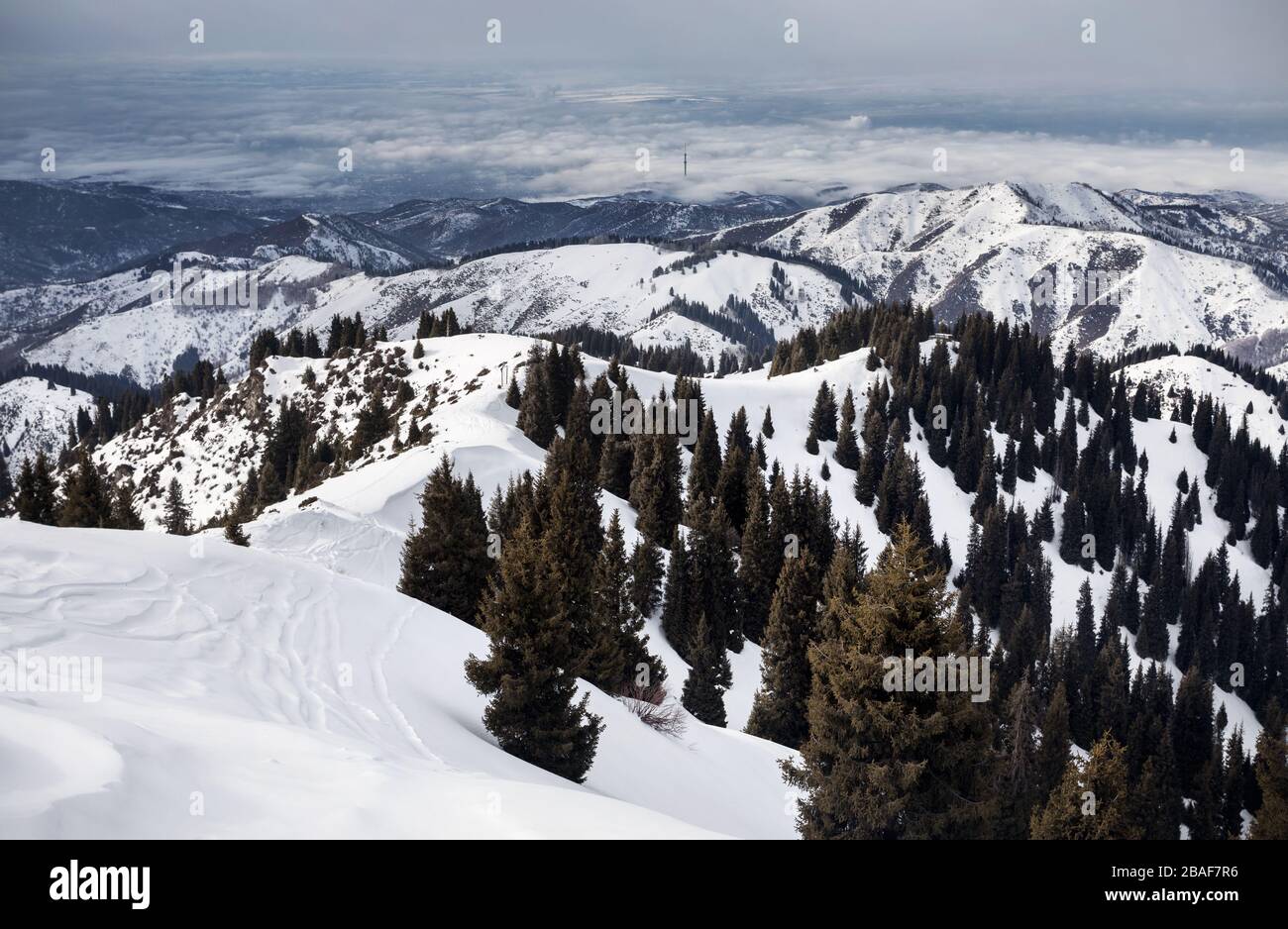 Paesaggio montano invernale della foresta di pini e nuvole temporalesche e vista sulla città di Almaty, Kazakhstan Foto Stock