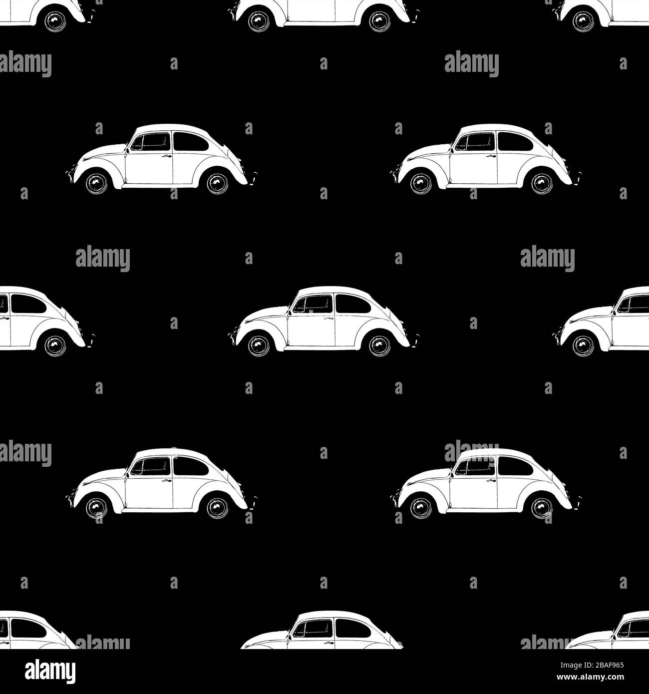 Design con motivo per auto Beetle con motivo grafico e motivo senza cuciture nei colori bianco e nero Foto Stock