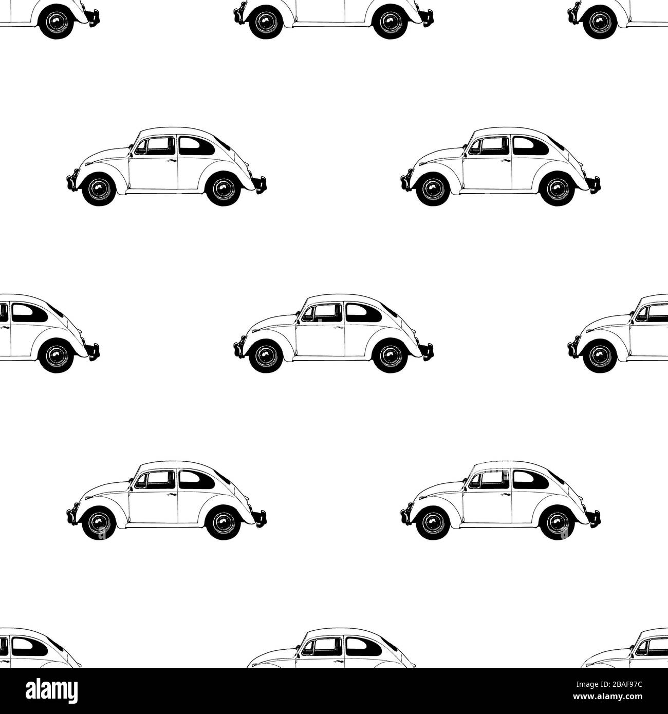 Design con motivo per auto Beetle con motivo grafico e motivo senza cuciture nei colori bianco e nero Foto Stock