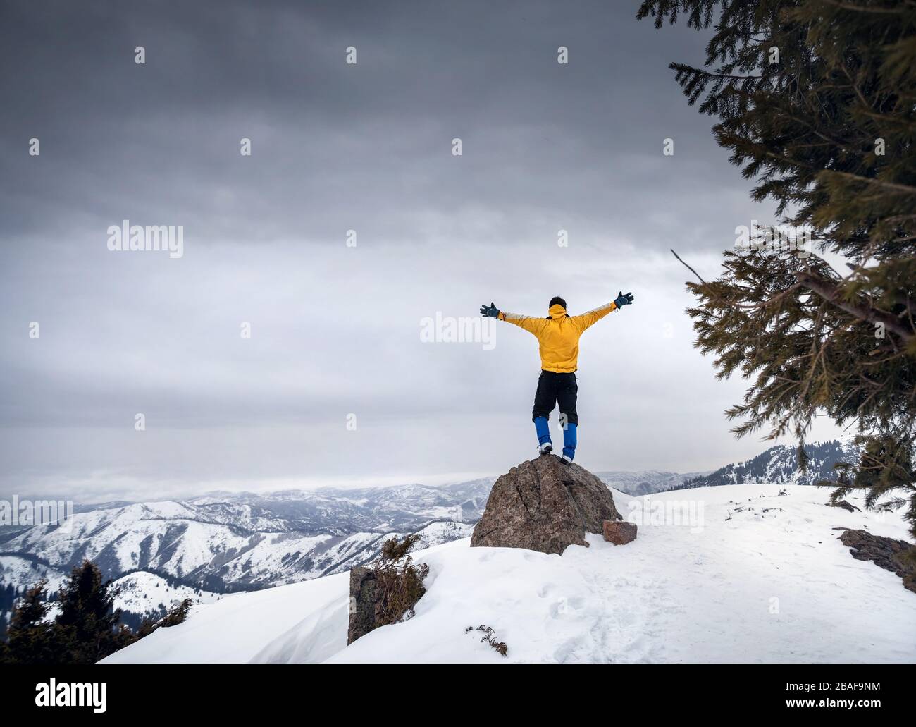 Turisti in giacca gialla con crescente mani alla roccia nella neve montagne Foto Stock