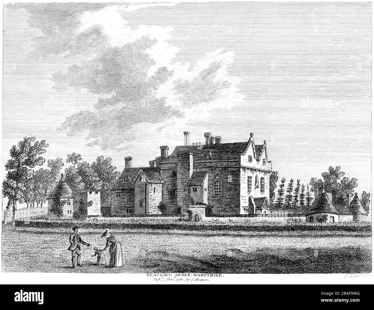 Incisione di Beaulieu Abbey Hampshire 1783 scannerizzato ad alta risoluzione da un libro pubblicato intorno al 1786. Si ritiene che questa immagine sia libera da tutti i diritti d'autore. Foto Stock