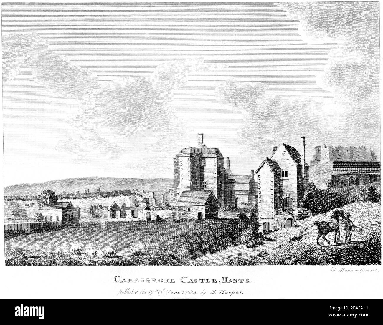 Un'incisione del castello di Caresbroke 1784 (castello di Carisbrooke) Hants scannerizzati ad alta risoluzione da un libro pubblicato intorno al 1786. Creduto copyright libero. Foto Stock