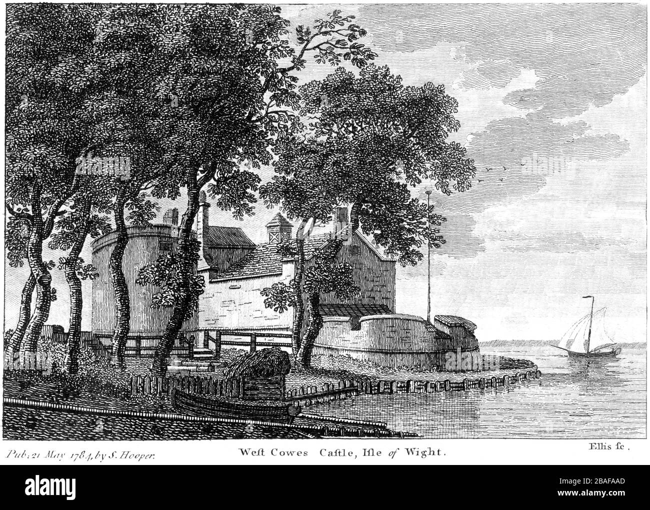 Un'incisione del castello di West Cowes, Isola di Wight 1784 scannerizzata ad alta risoluzione da un libro pubblicato intorno al 1786. Creduto copyright libero. Foto Stock