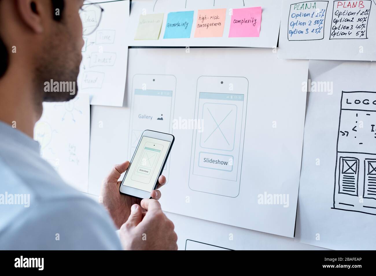 Vista a spalla dell'uomo che utilizza lo smartphone durante la progettazione di effetti di presentazione in ufficio con task board Foto Stock