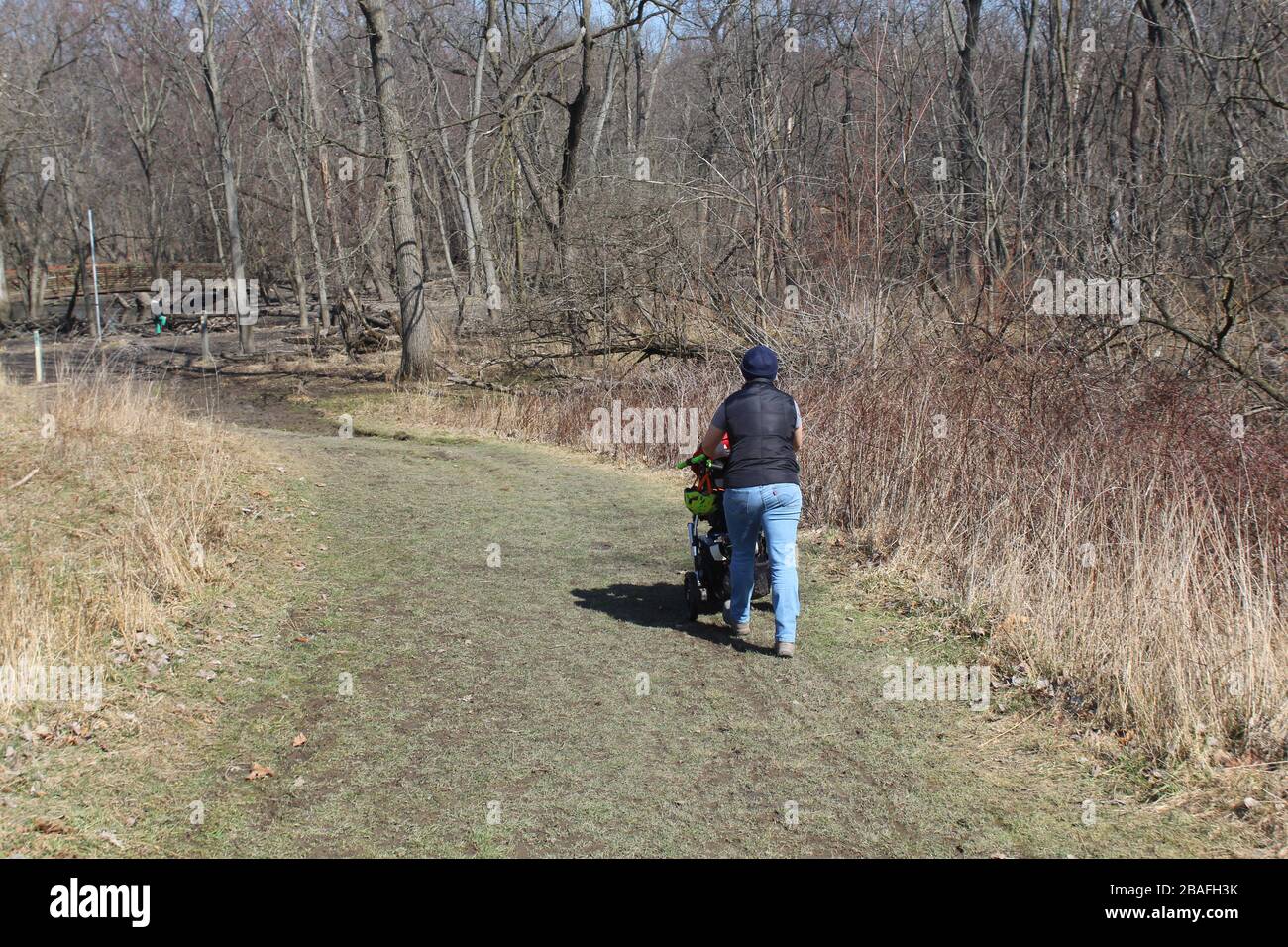 Donna che spinge un passeggino lungo un sentiero erboso a Linne Woods a Morton Grove, Illinois Foto Stock
