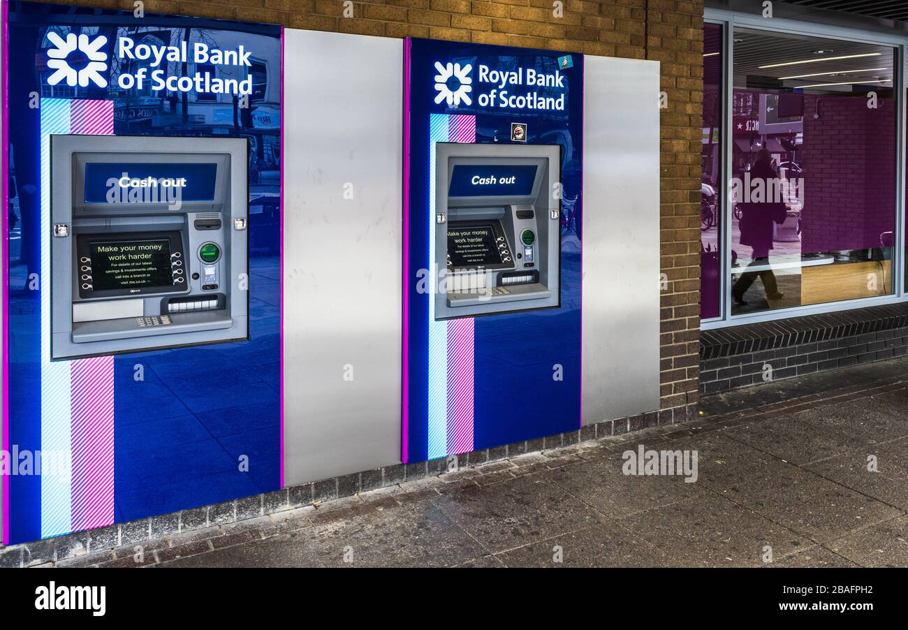 RBS Cash Machines Londra. Punti di cassa RBS. Royal Bank of Scotland Cash Machines. Foto Stock