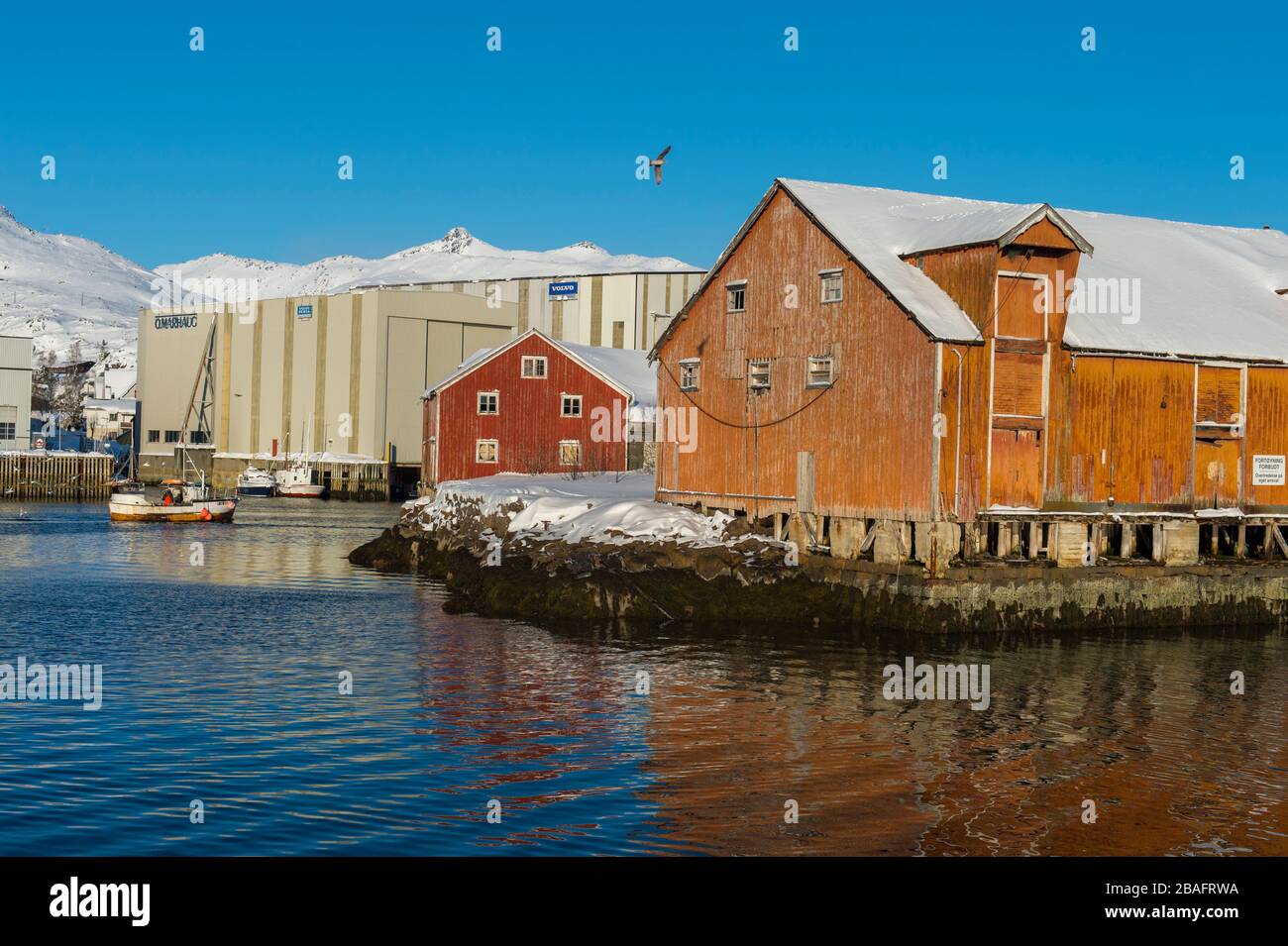 Vista in inverno di Svolvaer, una città di pescatori nelle Isole Lofoten, Nordland County, Norvegia. Foto Stock