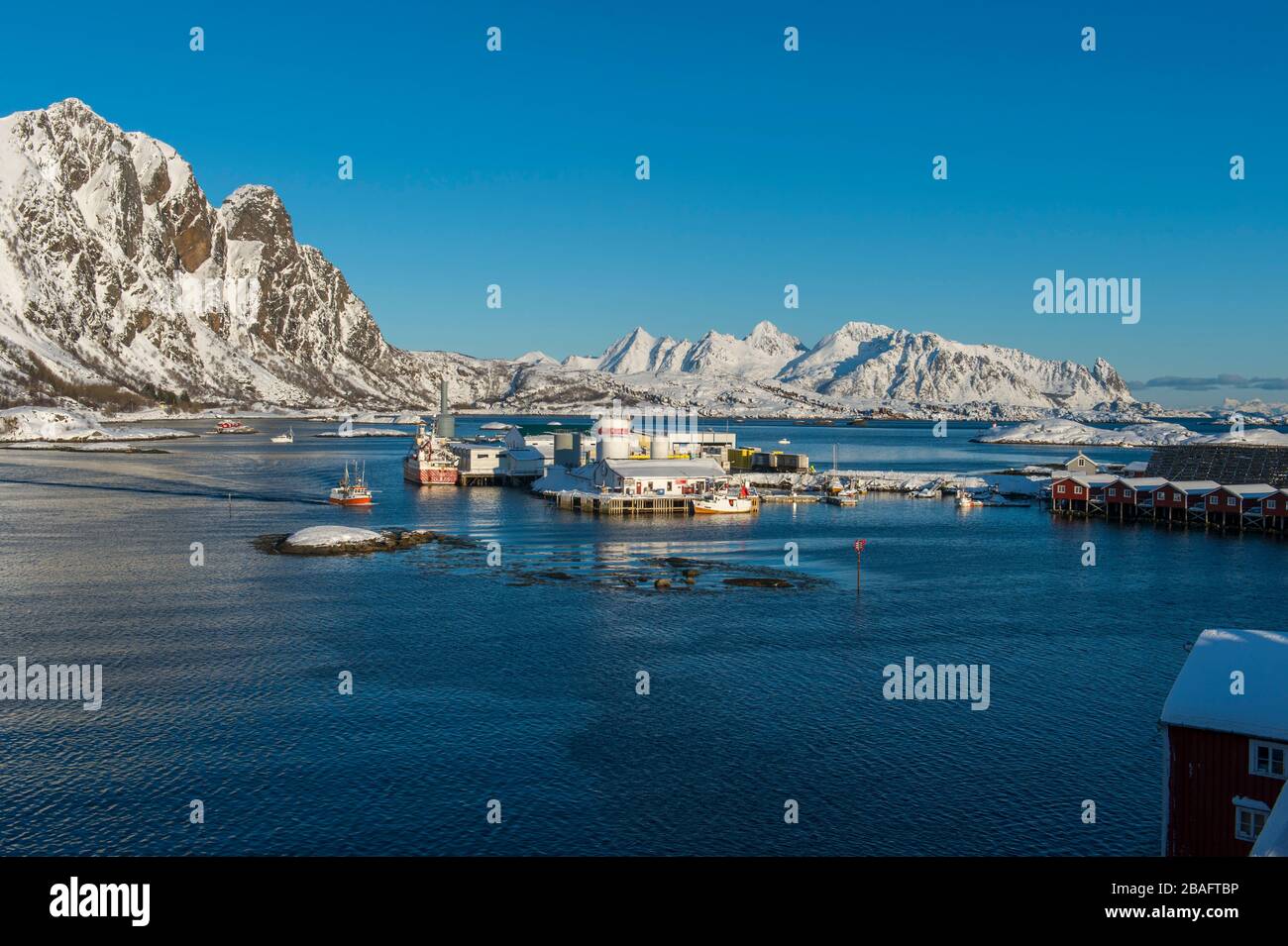 Vista di una delle fabbriche di lavorazione del pesce di Svolvaer, una città di pesca nelle Isole Lofoten, Nordland County, Norvegia. Foto Stock