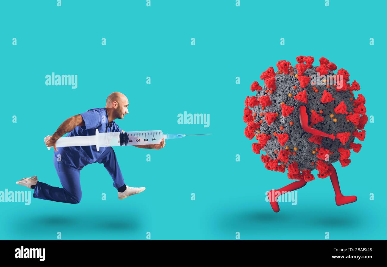 Medico che corre con una siringa grande nel suo braccio per sconfiggere il virus che sta correndo via Foto Stock