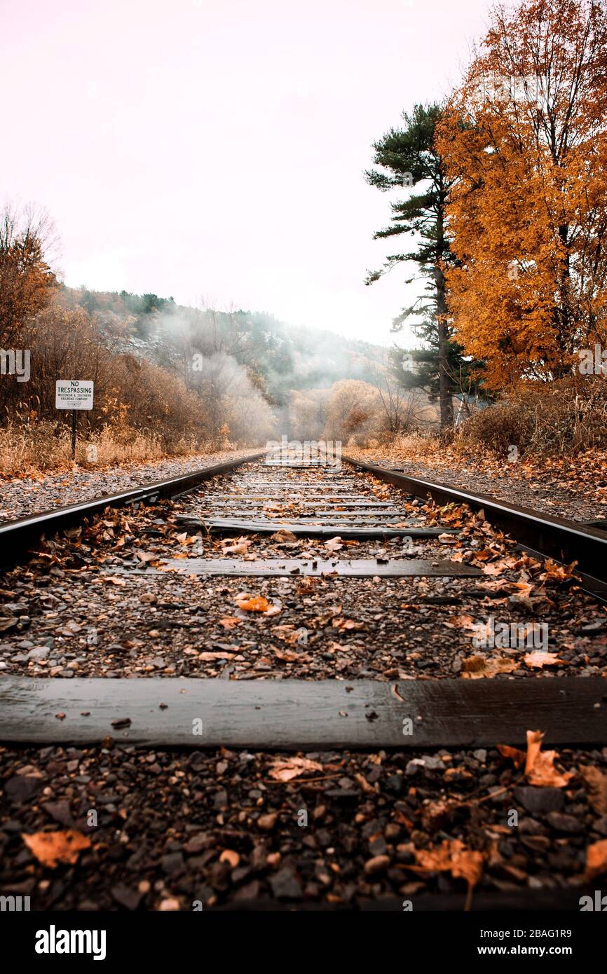 Camminando lungo i vecchi binari del treno di legno su un giorno piovoso umido di autunno circondato da foglie di caduta di colore arancione che conducono nelle montagne nebbiose Foto Stock